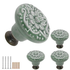 Murtenze 4PCS Green Ceramic Knobs Vintage Handles, Decorative Kitchen Cabinet Knobs Pulls, Retro Ceramic Dresser Knobs for Furniture, Closet, Cupboard, Door Knobs