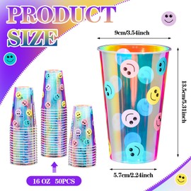 Yungyan 50 Pcs Iridescent Smile Face Plastic Cups 16 oz Rainbow Disposable Cups for Bachelorette Birthday Wedding Mermaid Party Beverage Drinkware Supplies