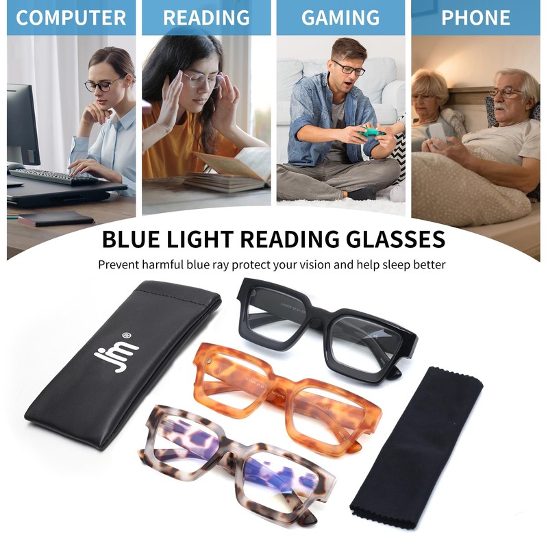 JM 3 Pack Square Reading Glasses, Blue Light Blocking Computer