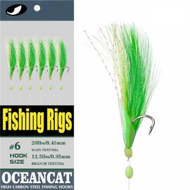OCEAN CAT 10 Packs Green Feather Fish Skin 6 Hooks Fishing Rigs with String Hooks Glow Fishing Beads High Carbon Hooks for Freshwater Saltwater Fishing Lures Bait Rig Tackle (Green, 4#)