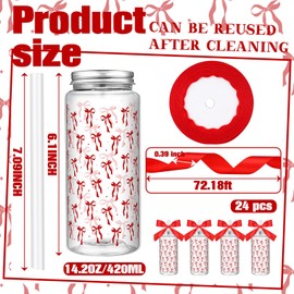 Singhoow 24 Pcs Red Bow Party Favors Red Bow Plastic Cups Coquette Aesthetic Cup with Lids and Straws 14 oz Reusable Cute Plastic Water Bottle with Ribbon for Birthday Bridal Wedding Party Supplies