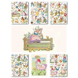 Large Stickers Pack # Rural Kids Bunny Chicks Children Book Illustration Cartoon HANATABA Vintage Art Deco Styled Wall Laptop Vinyl Stickers Easter