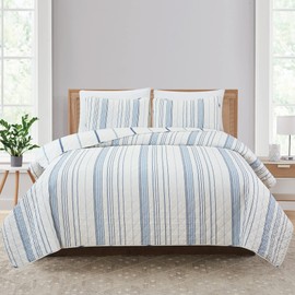 Market & Place 3 Piece Reversible Quilt Set with Shams | All-Season Soft & Lightweight Bedspread with Modern Striped Pattern | Sofia Collection (Full/Queen, Ivory/Blue)