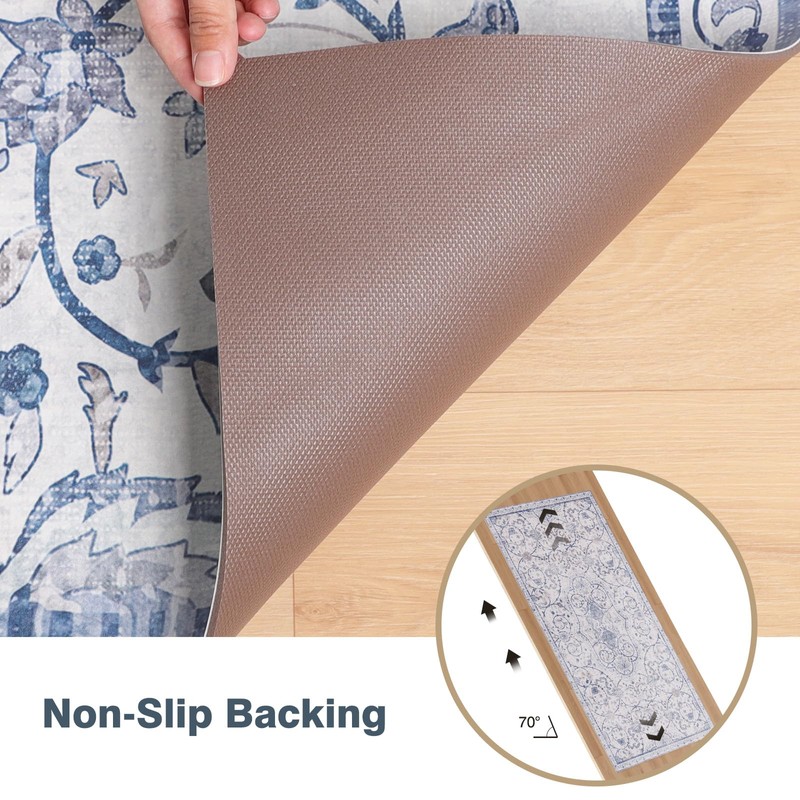 2'×6' Blue Floral Vinyl Runner Rug, Non-Slip Floor Mat for