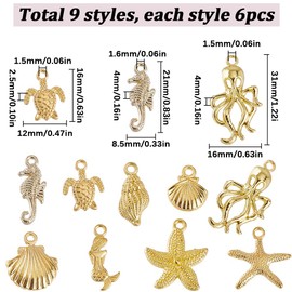 SUNNYCLUE 1 Box 54Pcs 9 Styled Gold Sea Charms Ocean Charms Bulk Alloy Turtle Starfish Seahorses Mermaids Sea Animal Conch Summer Beach Charm for jewellery Making Charms Women DIY Necklace Earring