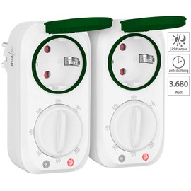 revolt Adapter Plug: Set of 2 Outdoor Timer with 8-Hour Timer & Light Sensor, 3680 W (Timer IP44, Countdown Timer Sockets, Twilight Switch)