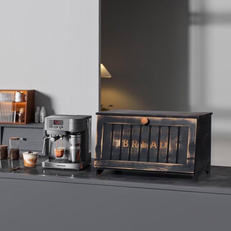 DAOYOUSKY Bamboo Bread Box for Kitchen Countertop, Vintage Black Wooden