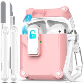 R-fun Compatible with AirPods 2nd Generation 2019,1st Gen 2016 Charging Case Cover, Full Drop Protection Auto Pop-Up Lid Compatible with Airpods Case with Cleaner Kit & Keychain,White/Pink
