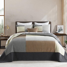 Finlonte Oversized King Bedspread 120"x120" - 100% Cotton Lightweight Quilted Bedspreads Patchwork Coverlet Set, Farmhouse Bedding Plaid Oversized King Quilt with 2 Pillow Shams, Brown/Gray/Beige