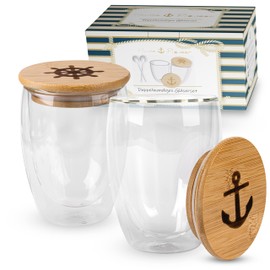 Hanse Pioneer Latte Macchiato Glasses 350 ml - 2 Double-Walled Glasses in Elegant Design - Mouth-Blown Thermal Glass with Floating Effect - Premium Coffee and Tea Glasses with Bamboo Lid and Stainless