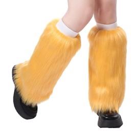 Faux Fur Cuffs Furry Long Leg Warmer Wrist Womes Vibrant Retro Daring Ravewear 70S Disco Knee High Leg Cover Warmers(B-yellow,One Size)