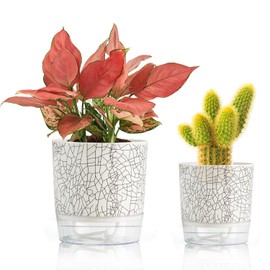 XKYQSY 2 Pack 4.3+5.5 inch Self Watering Pots Planters for Indoor Outdoor Plants, African Violets Pots, Modern Houseplants Self Watering Plants Pots for Flowers,Herbs,Cactus,Succulents(Crack Texture)