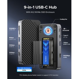 ORICO 9-in-1 USB C Hub with M.2 NVMe SSD Enclosure 10Gbps, Tool Free Hub Docking Station Adapter with Built-in Fan, Gigabit Ethernet, 100W PD, SD/TF, Type C & USB A for Laptop MacBook Mac mini -M2P7