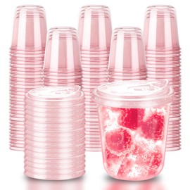 Xuelimei 12oz Disposable Stemless Glasses With Strawless Sip Lids,PET Disposable Drinking Cups,Clear Plastic Wine Glasses for Parties Birthday,Wedding,Meeting,Christmas Party Supplies. (100, Pink)