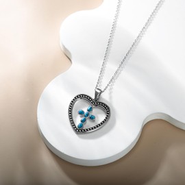 SHINYKEND Turquoise Cross Heart Necklace for Girls Women, 925 Sterling Silver Heart Cross Pendant Jewelry Gifts Valentine's Day Birthday Mother’s day (Cross Heart)