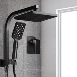Cefito Shower Head Set, 8" Rain Hand Showers Rail Taps Holder Handheld Mixer Faucet Showerhead Tap Kit Bath Accessories Bathroom Fixtures Wall, High Pressure 1.5m Stainless Steel Water Hose Black