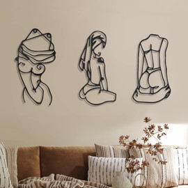 3 Pcs Metal Wall Art Minimalist Woman Line Decor, Lively, Black