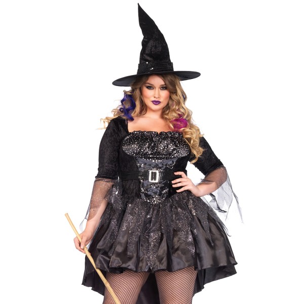 Leg Avenue Women's Plus Size 2 Piece Black Magic Mistress – Sexy High Low Dress with Witch Hat Halloween Costume Set, 1X / 2X