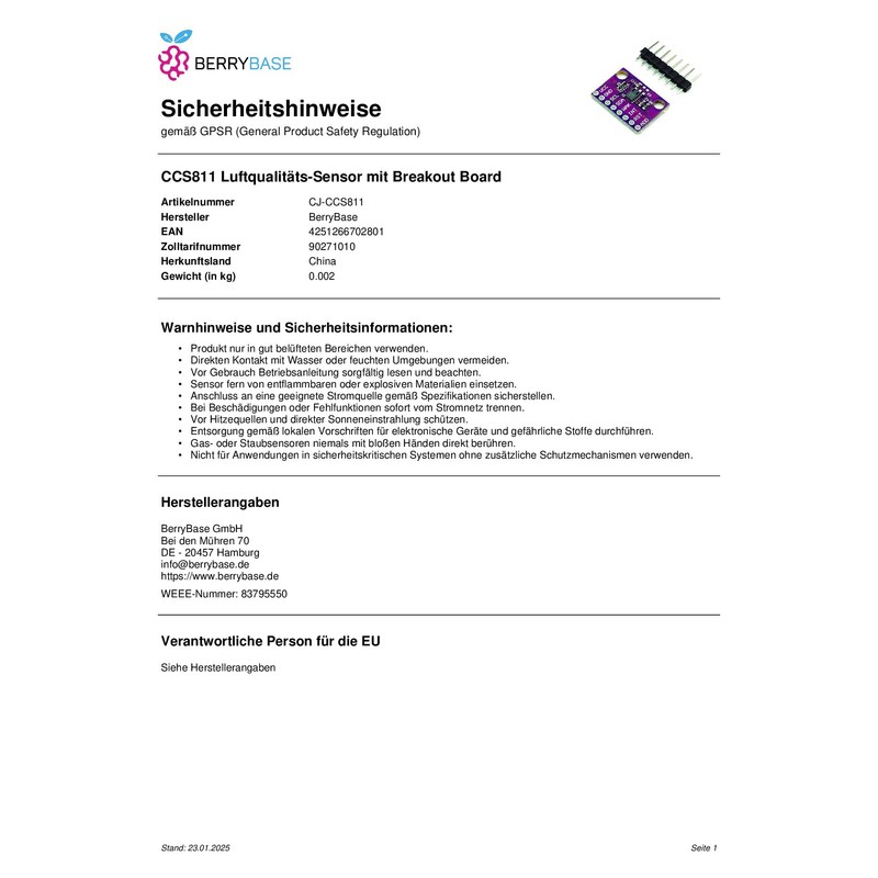 BerryBase CCS811 Air Quality Sensor with Breakout Board