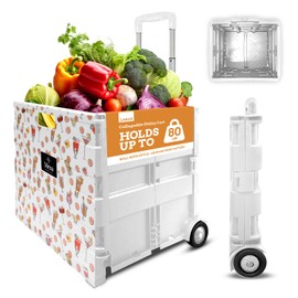 Inspired Living Ultra-Slim Rolling Collapsible Storage Pack-N-Roll Utility-carts, with Telescopic Handle, for Home, Garden, Shopping, Office, School use, Large, White, Cocktail Print