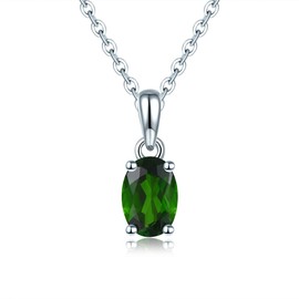 ZhenCai Silver Pendant Necklace for Women S925 Sterling Silver with Oval Cut 7x5mm Natural Gemstone Rhodium Plated Classic Style Christmas Birthday Fine Jewelry (Chrome Diopside)