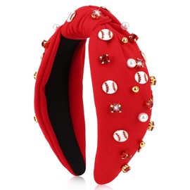 BAHABY Baseball Headbands for Women Crystal Baseball Embellished Wide Top Knot Headband for Women Game Day Hair Accessories (Red)