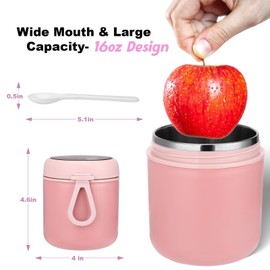 Mity rain 16oz Insulated Thermo Food Container for Hot Food - Leak-Proof Stainless Steel Kids Thermo for with Wide Mouth & Foldable Spoon, Suitable for Hot & Cold Foods, Lunches, Soups, Travel (Pink)