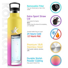 KollyKolla Thermos Flask, 1 Litre, Suitable for Carbonated Drinks, Stainless Steel Drinking Bottle with Straw, Thermos Flask, BPA-Free, Insulated Flask, Leak-Proof, for Office, Camping, Bike, Fitness
