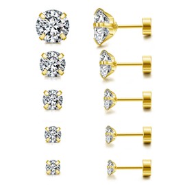 PiercingJak 5 Pairs Hypoallergenic Stud Earrings Set Round Clear Cubic Zirconia Stud Earrings 316L Stainless Steel Stud Earrings for Women Men Helix Cartilage Earrings 3-8mm