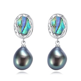BAMIKI Black & White Freshwater Baroque Pearl Drop Dangle Earrings, Sterling Silver Abalone shell Stud Earrings for Women Jewelry