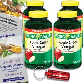 Spring Valley Apple Cider Vinegar Capsules 450 mg Dietary Supplement 250 Ct 4 pk (1000 Total) + Vitamin Vitality & Pill Container (6 Items)!