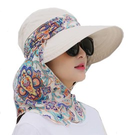 2-in-1 Womens Sun Hat Floppy Sun Visor UPF 50+ Empty Top Garden Hat with Detachable Neck Cover and Zip Top Shield Foldable Summer Beach Fishing Hat for Hiking Camping Cycling Travelling Holiday Beige
