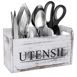 ZONJIE Wooden Kitchen Utensil Holder - White Rustic Large Wooden Utensil Organizer with Drainage Bottom, Utensil Holder for Kitchen Counter with 3 Compartment, Farmhouse Cooking Tools Storage