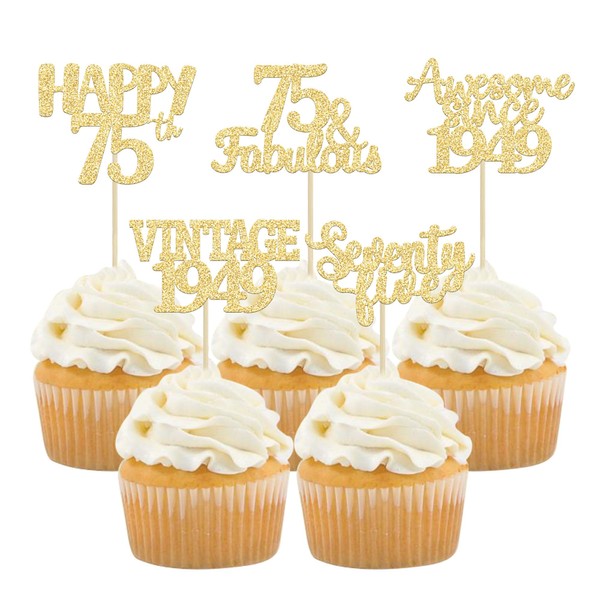 Gyufise 30 piezas de decoración para cupcakes de 75 cumpleaños con purpurina dorada vintage 1947 Hello 75 decoración para tartas de sesenta y cinco 75 y fabulosas púas para magdalenas 75 cumpleaños suministros de decoración para tartas