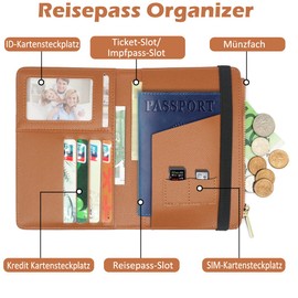 HNOOM Passport Cover, Premium PU Leather Passport Cover with RFID Blocker, 1 x Passport Organiser and 2 x Suitcase Tags, Protective Cover for Credit Cards, ID and Travel Documents, brown, Travel