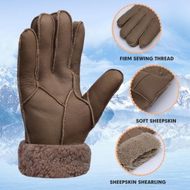 MGGMOKAY Men's Leather Gloves Sheepskin Shearling Warm Winter Gloves, brown