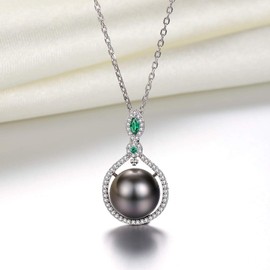 VIKI LYNN 10-11mm AAA Quality Tahitian Cultured Black Pearl Pendant Necklace Sterling Silver CZ for Women