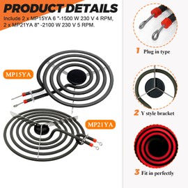 MP22YA Electric Range Burner Element Unit Set by Beaquicy - Replacement for Ken-more Whirlpool May-tag Hardwick Norge Ranges/Stoves - Package Include 2 pcs MP15YA 6" and 2 pcs MP21YA 8"