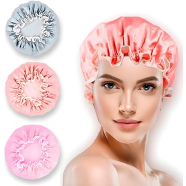 Bee Vibes Gorra de baño Mujer 3 Pack - Gorro para Dormir Impermeable de Satin, Bonnet Reutilizable de Doble Capa para ducha y belleza para Cabello Largo, Grueso y Rizado. (Rose Gold, Plateado, Rosa)