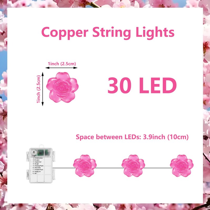 Curyidy Rose Flower String Lights Pink Floral Garland with Fairy