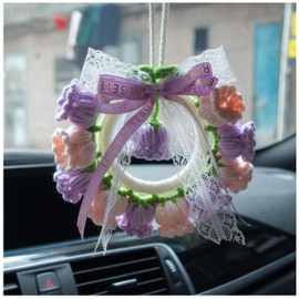 Cute Crochet Plant Car Accessory Handmade Crochet Cute car Decor，Car Mirror Hanging Accessories ，Cute Crochet Orchid Hanging Ornament (Purple)