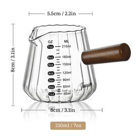 Joeyan 7 oz Espresso Cups, Glass Measuring Cup, Espresso Shot Cup with Spout and Wood Handle, Clear Espresso Shot Glass, Ribbed Milk Frothing Pitcher, Espresso Machine Coffee Bar Accessories