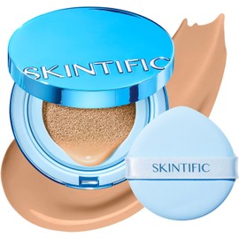 SKINTIFIC Base Cushion Velvet Matte, Polvo Ultra Cover Azul, Control de Grasa por 12 Horas, Ligera, de Larga Duración, Resistente al Agua, Maquillaje Coreano en Cushion, 04 Beige