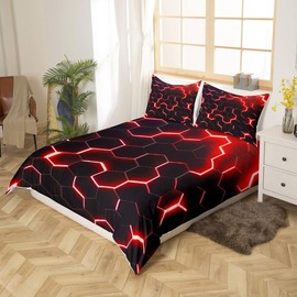 Homewish Honeycomb Bedding Set Single,Red Black Geometric Duvet Cover Neon Glitter Hexagon Geometry Comforter Cover For Kids Boys Teen Men Soft Lightweight Quilt Cover Bedroom Dorm Decor