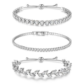 KRFY Silver Bracelet for Women 18K Gold Plated Stacking Chain Cubic Zirconia Bracelets Classic Tennis Bracelets Set Adjustable CZ Link Charm Bracelets Set Silver Bracelets for Women Girls