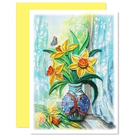 KingKraft Daffodils Flower Quilling Card, Handcrafted Greeting Card for All Occasions, Birthday Card for Mom, Thinking of You, Get Well, Anniversary, Valentines Day, Mothers Day Card, Blank Inside