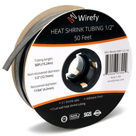 Wirefy | Heat Shrink Tubing - 1/2" inch - 3:1 Ratio - Adhesive Dual Wall Waterproof - Heat Shrink Tube - Heatshrink Tubes - Black - 50 Feet Roll | Trusted UL Certification