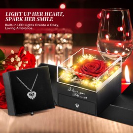 WOKEISE Lighted Preserved Real Rose Flowers with I Love You Heart Necklace, Anniversary Birthday Gifts for Women Girlfriend Wife Mom Grandma,Valentines Mothers Day, Red