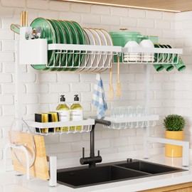 Kitsure Over The Sink Dish Drying Rack - 30.0" to 33.9"x21.5", Adjustable Sink Drying Rack for Kitchen Sink with Multifunctional Baskets, White