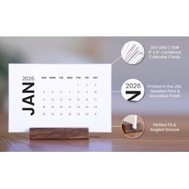 2026 Monthly Office Desk Calendar - Modern Minimalist - Wood Stand - Annual 12 Month - 4” x 6” Cards – Home Décor (Minimalist Style)